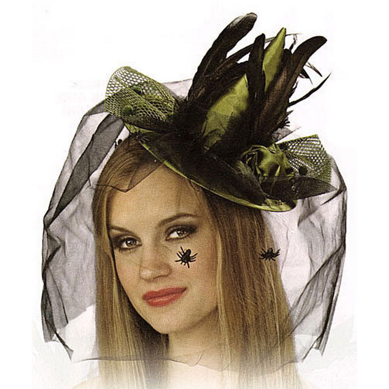 LH3145  Green Mini Witch Hat with Feather and Veil